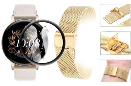 Opaska pasek bransoleta Milanese band z zapięciem Huawei Watch GT 3 42mm złota + szkło 5D
